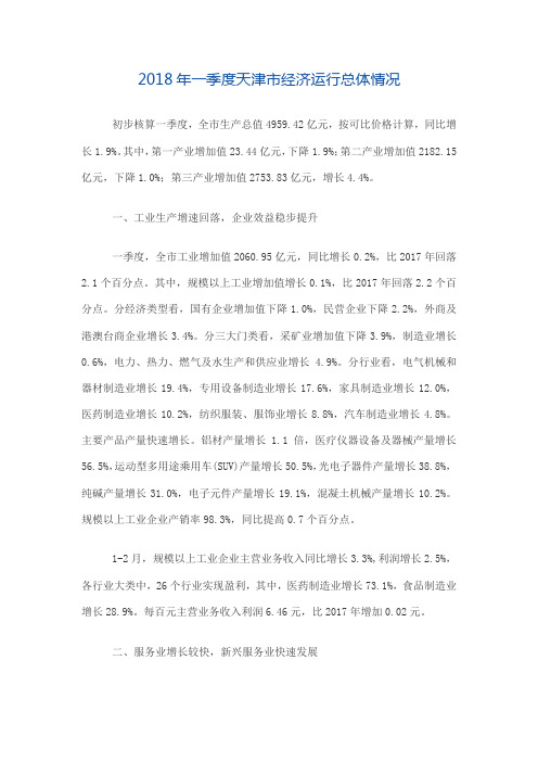 2018年一季度天津市经济运行总体情况