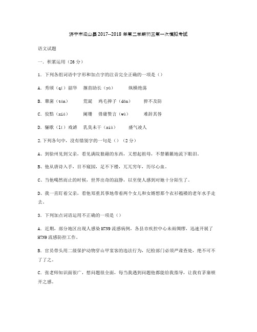山东省济宁市梁山县2017--2018年下学期初三中考冲刺模拟卷