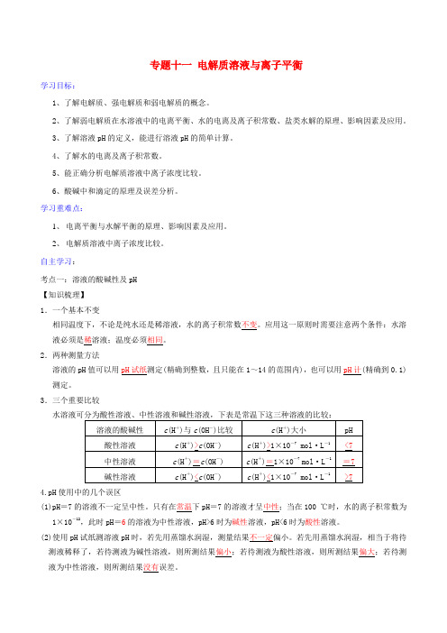 2017届高考化学二轮复习 专题11 电解质溶液与离子平衡学案 鲁科版