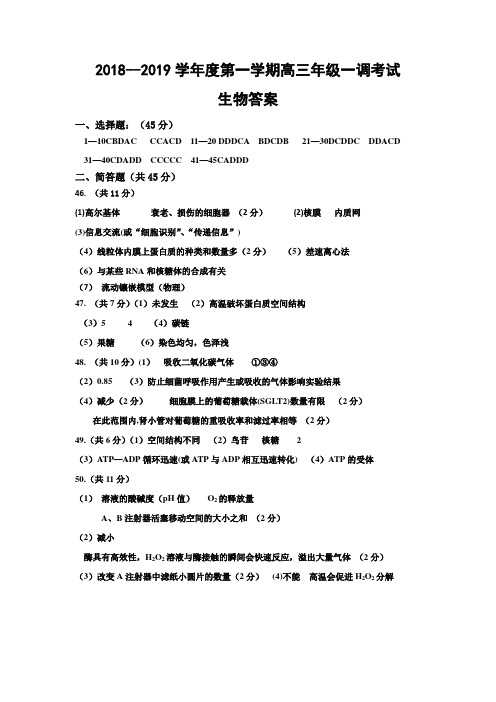 衡水中学2018—2019学年度高三年级上学期一调考试生物答案