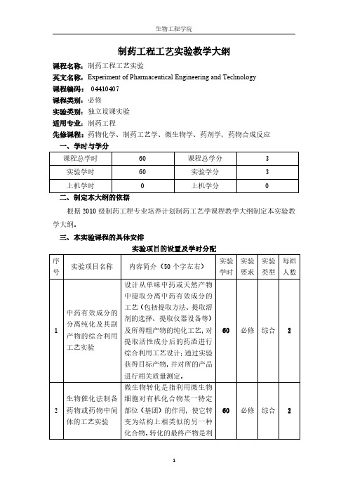 制药工程工艺实验教学大纲-天津科技大学生物工程学院