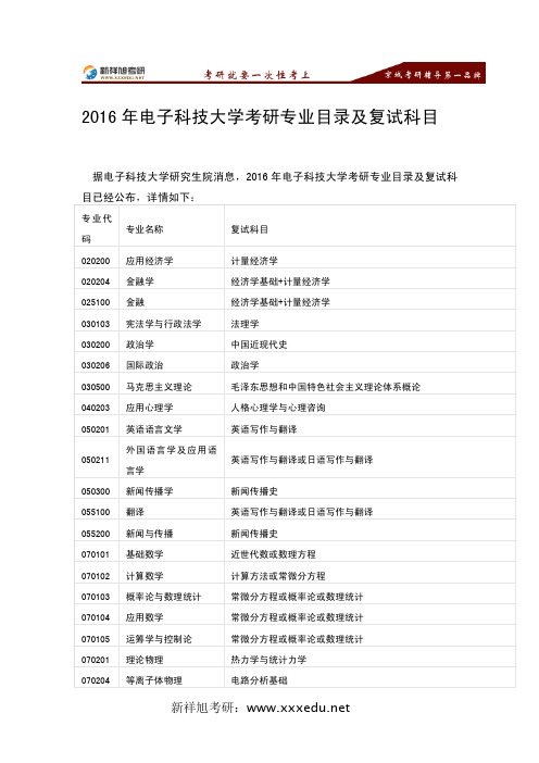 2016年电子科技大学考研专业目录及复试科目-新祥旭考研辅导