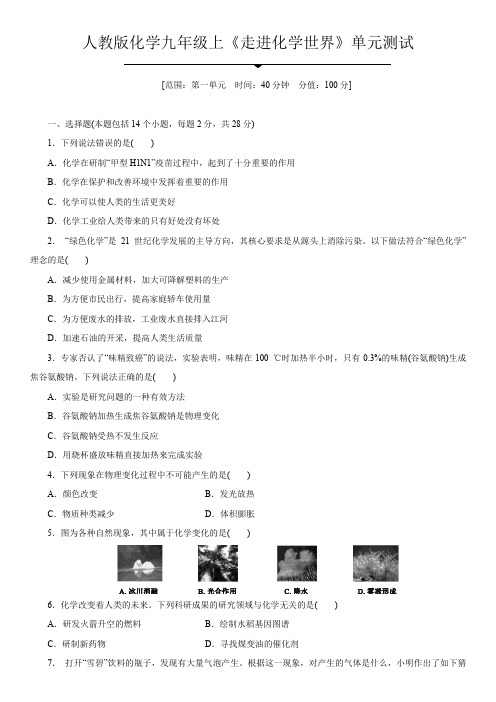 人教版化学九年级上《第一单元 走进化学世界》单元测试(含答案)