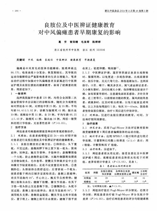 良肢位及中医辨证健康教育对中风偏瘫患者早期康复的影响
