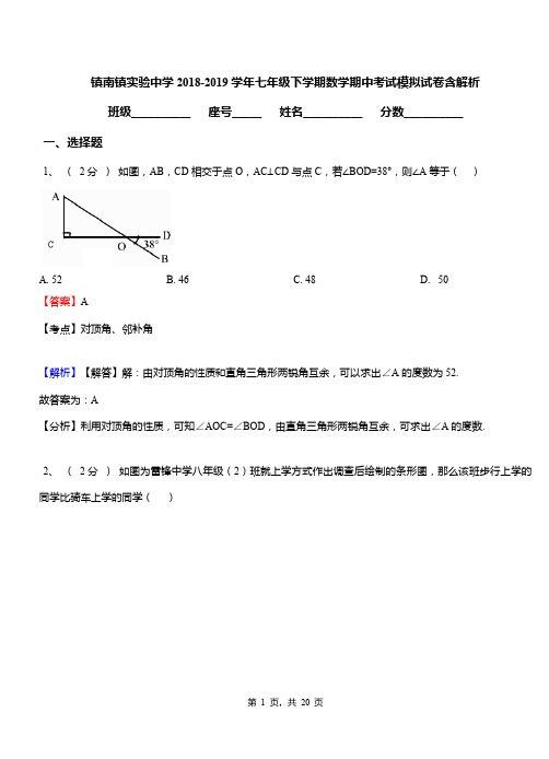 镇南镇实验中学2018-2019学年七年级下学期数学期中考试模拟试卷含解析