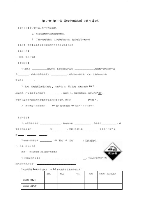 九年级化学全册7.2.1常见的酸和碱学案(新版)沪教版