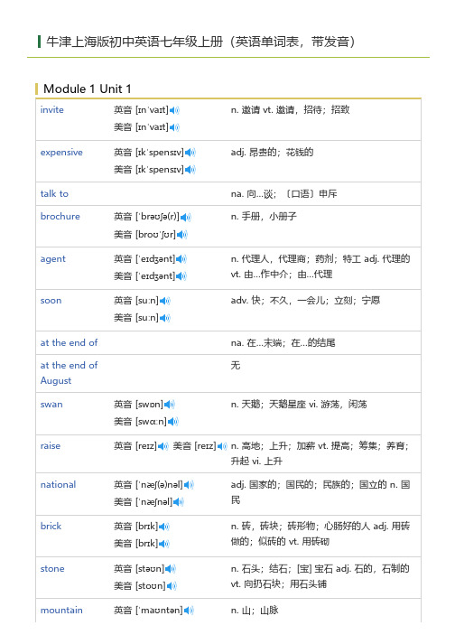 牛津上海版初中英语七年级上册(英语单词表)