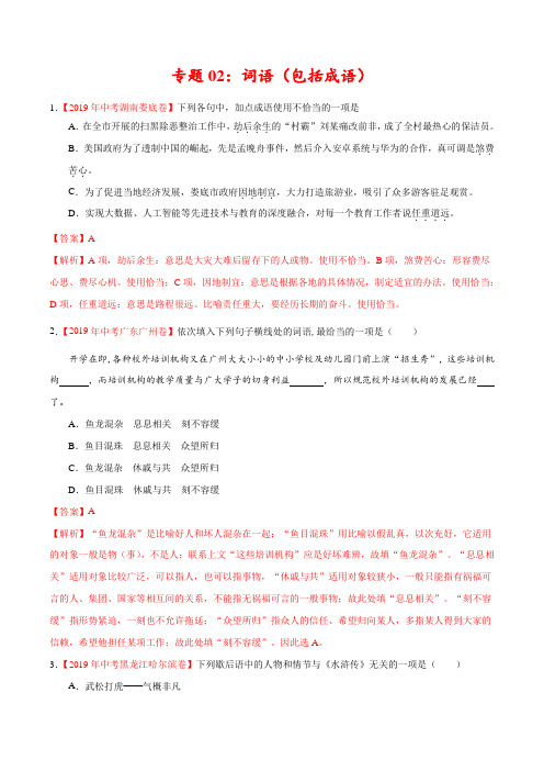 2019年中考真题语文试题分项汇编专题02 词语(包括成语)(第01期)(解析版)