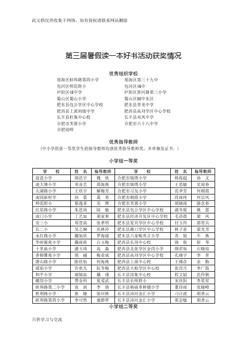 合肥市暑假读一本好书获奖情况一览表知识分享