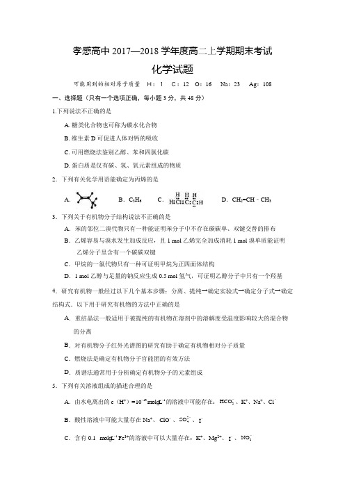 湖北省孝感高级中学2017-2018学年高二上学期期末考试