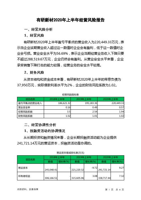 有研新材2020年上半年经营风险报告