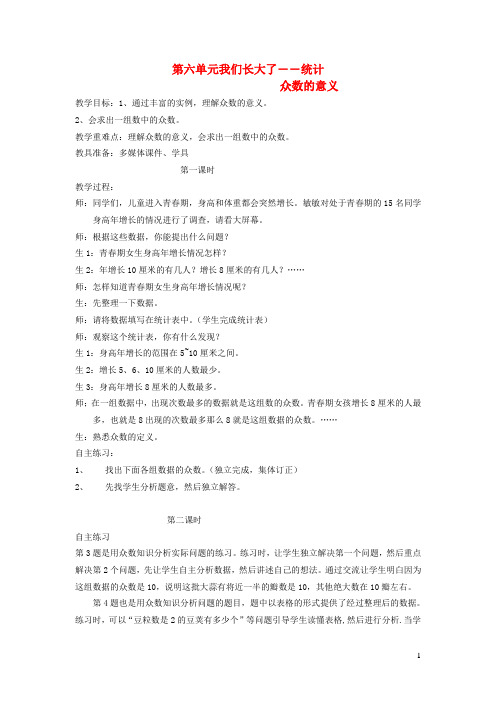 {青岛版}五年级数学下册第六单元我们长大了__统计众数的意义教案