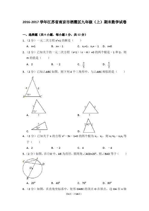 2016-2017学年江苏省南京市栖霞区九年级(上)期末数学试卷