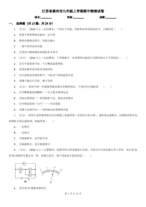 江苏省泰州市九年级上学期期中物理试卷