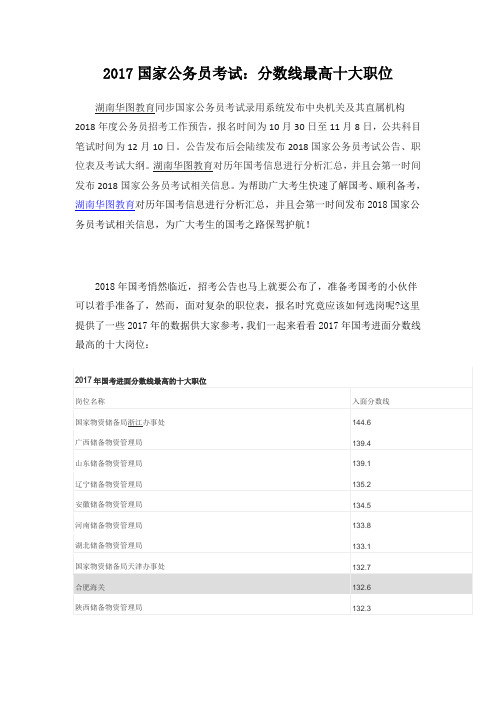 2018国家公务员考试：分数线最高十大职位