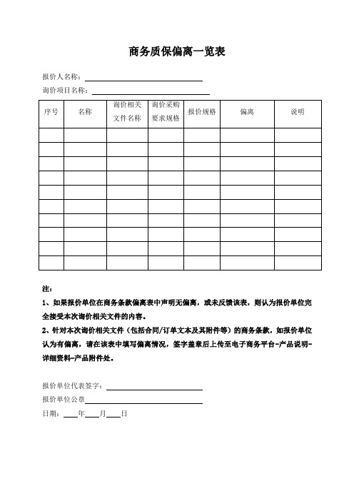 技术偏离一览表 询价报价