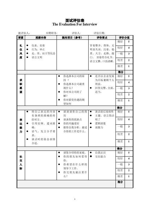 面试评估表中英文