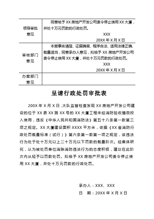 消防救援大队对建设工程未经消防验收擅自投入使用呈请行政处罚审批表范例