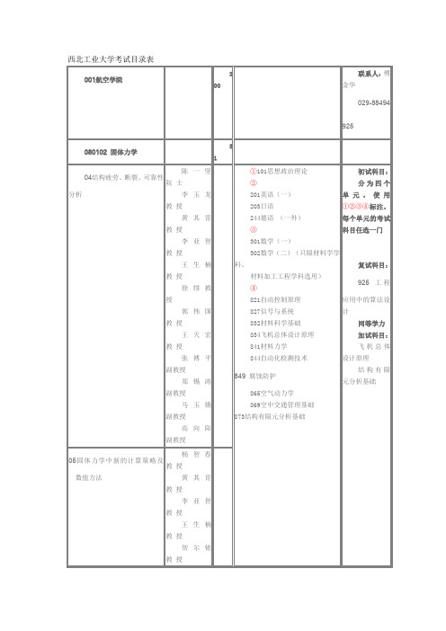 西北工业大学考试目录表