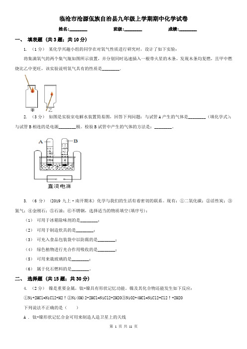 临沧市沧源佤族自治县九年级上学期期中化学试卷