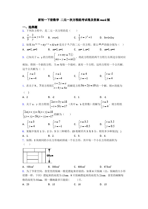 新初一下册数学 二元一次方程组考试卷及答案word版