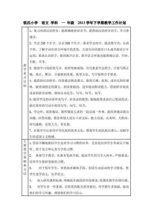 一年级语文2014下教学工作计划