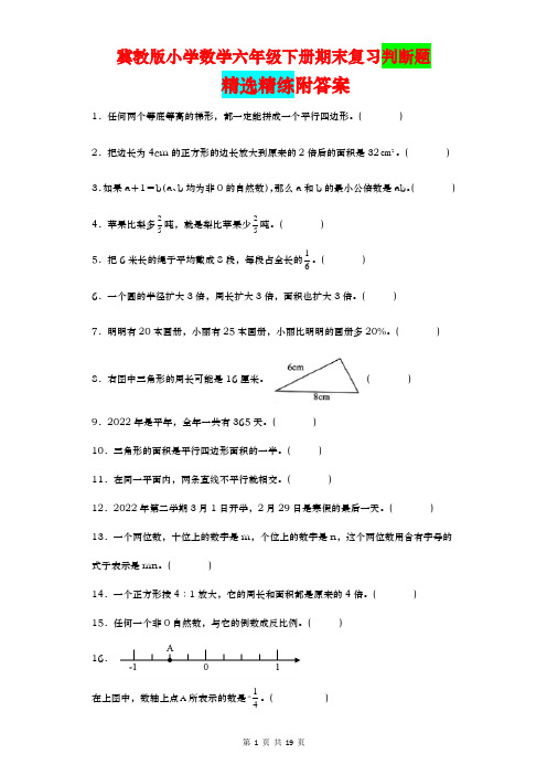 期末复习判断题题(试题)六年级下册数学冀教版