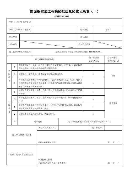 饰面板安装工程检验批质量验收记录表