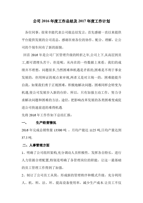 公司2016年度工作总结及2017年度工作计划