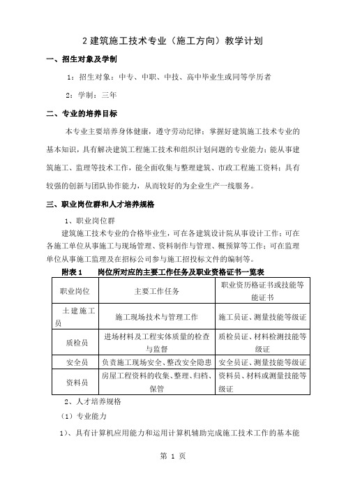 2建筑施工技术专业施工方向教学计划-7页精选文档