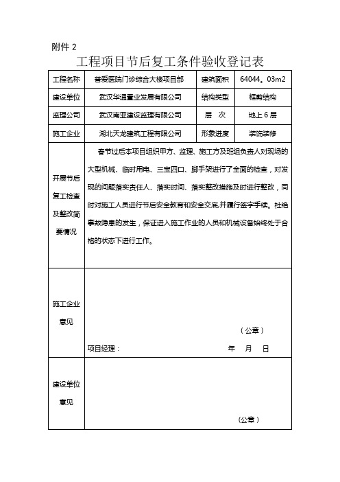 节后复工检查表