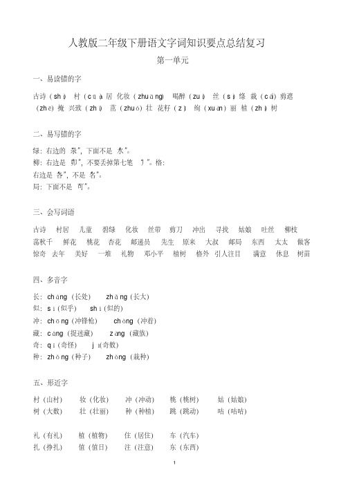 人教版二年级下册语文字词知识要点总结复习