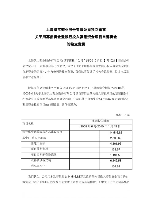 上海凯宝：独立董事关于用募集资金置换已投入募集资金项目自筹资金的独立意见 2010-01-26