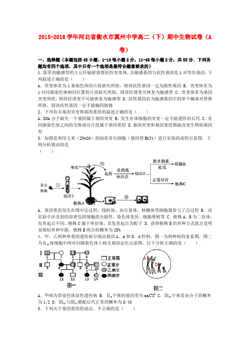 河北省衡水市冀州中学2015-2016学年高二生物下学期期中试卷(A卷)(含解析)