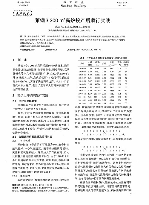莱钢3200m 3高炉投产后顺行实践