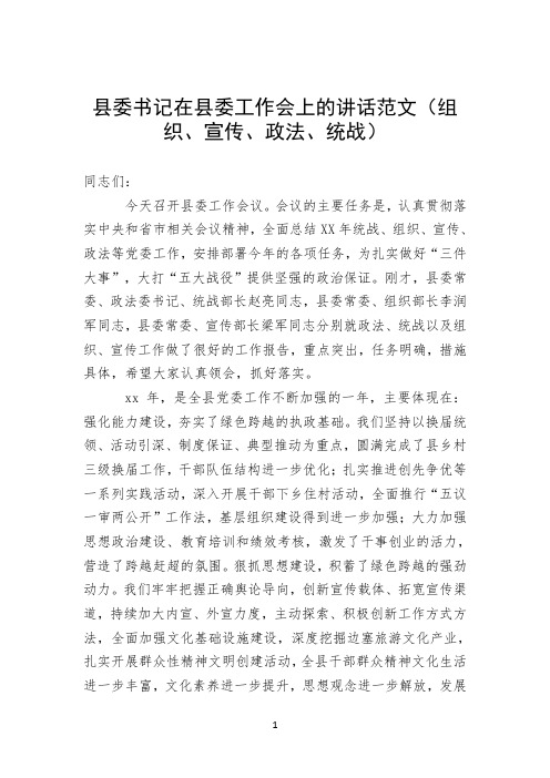 2018年县委书记在县委工作会上的讲话范文(组织、宣传、政法、统战)