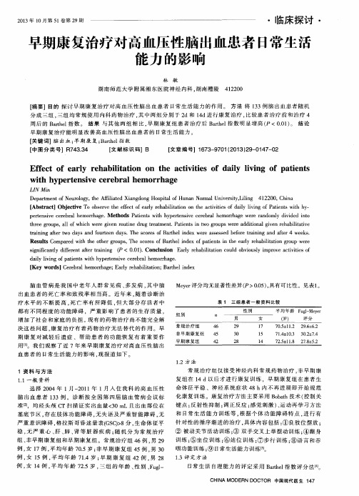 早期康复治疗对高血压性脑出血患者日常生活能力的影响