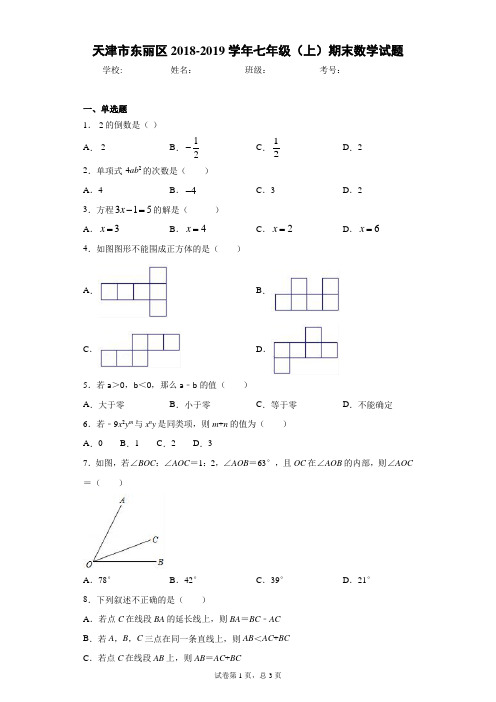 天津市东丽区2018-2019学年七年级(上)期末数学试题