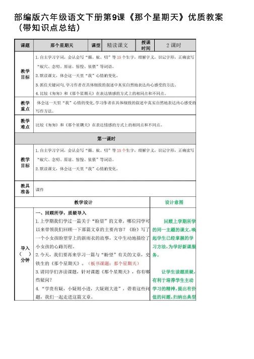 部编版六年级语文下册第9课《那个星期天》优质教案（带知识点总结）