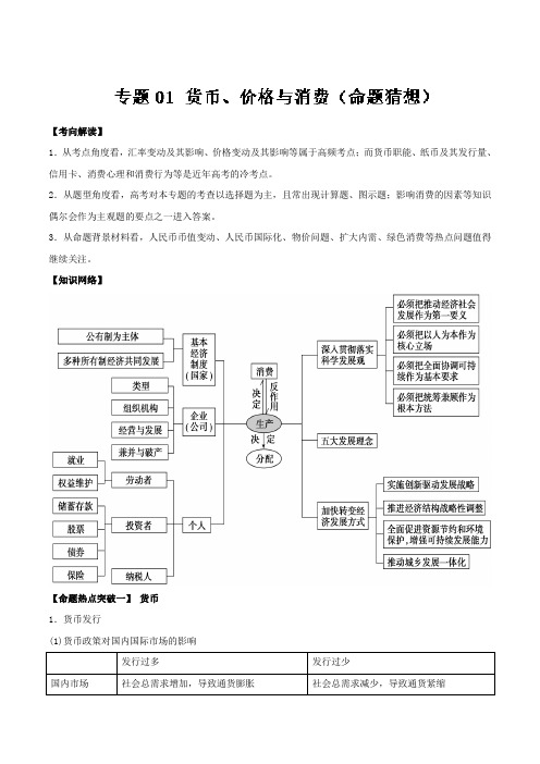 专题01 货币、价格与消费命题猜想-2018年高考政治命题