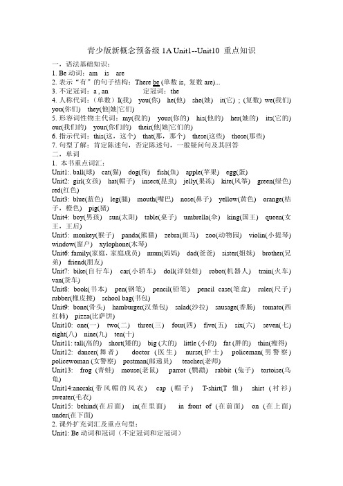 青少版新概念预备级1A Unit1-10重点