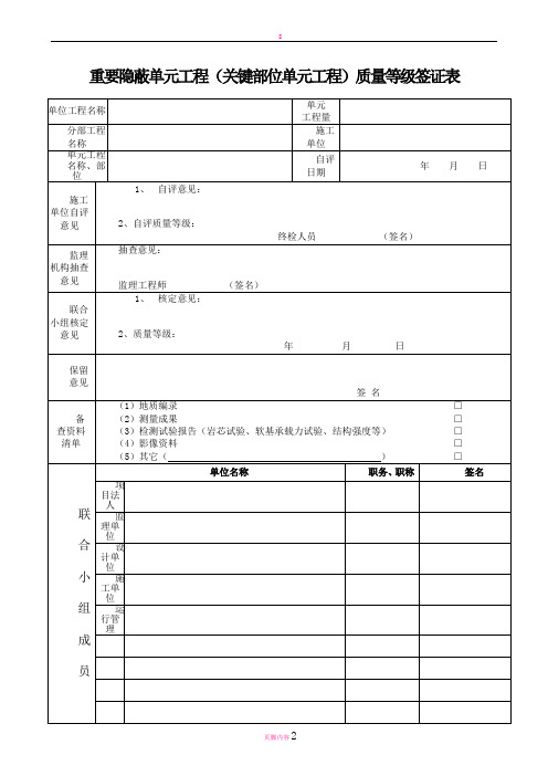 重要隐蔽单元工程(关键部位单元工程)质量等级签证表