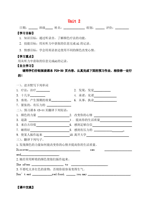 九年级英语上册 Unit 2 Colour Skills 1导学案(无答案)(新版)牛津版