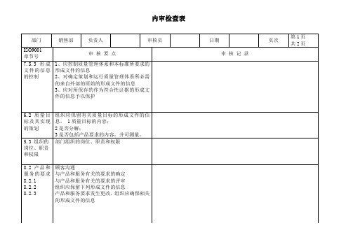 ISO9001：2015版  营销部内审检查表