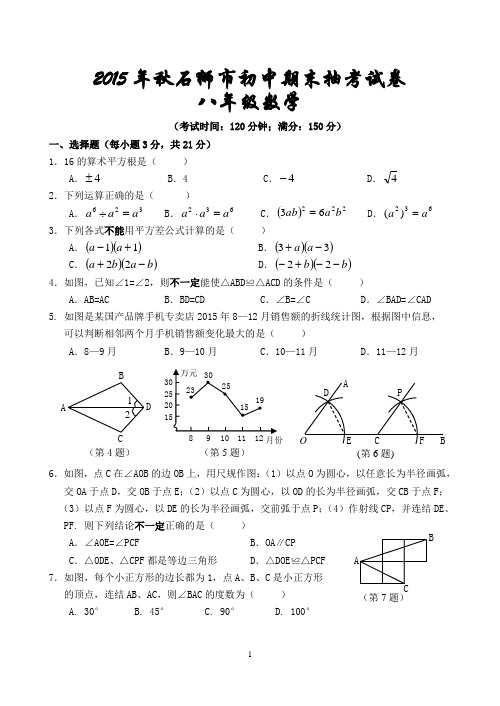 2015年秋石狮市初中期末质量抽查八年级数学试卷(含答案)讲解