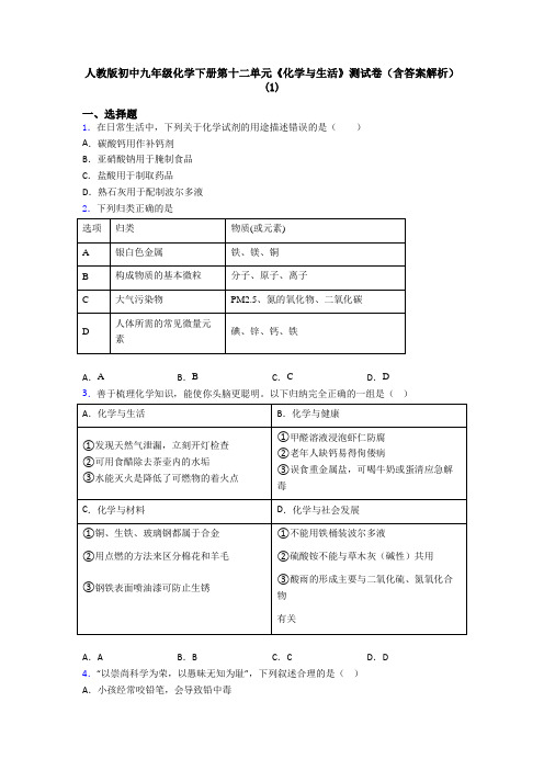 人教版初中九年级化学下册第十二单元《化学与生活》测试卷(含答案解析)(1)