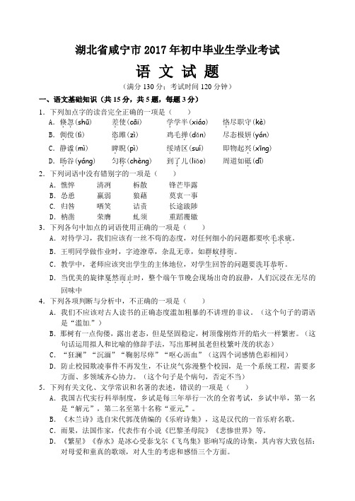 2017年湖北省咸宁市中考语文试题(word版  附参考答案及评分标准)
