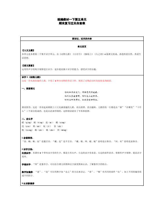 统编教材一下第五单元期末复习过关自查表
