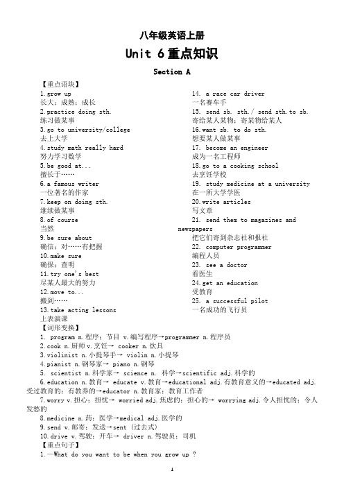 初中英语人教新目标八年级上册Unit 6重点知识(重点语块+词形变换+重点句子)