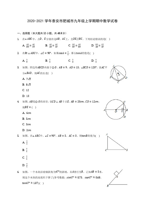 2020-2021学年泰安市肥城市九年级上学期期中数学试卷(含解析)